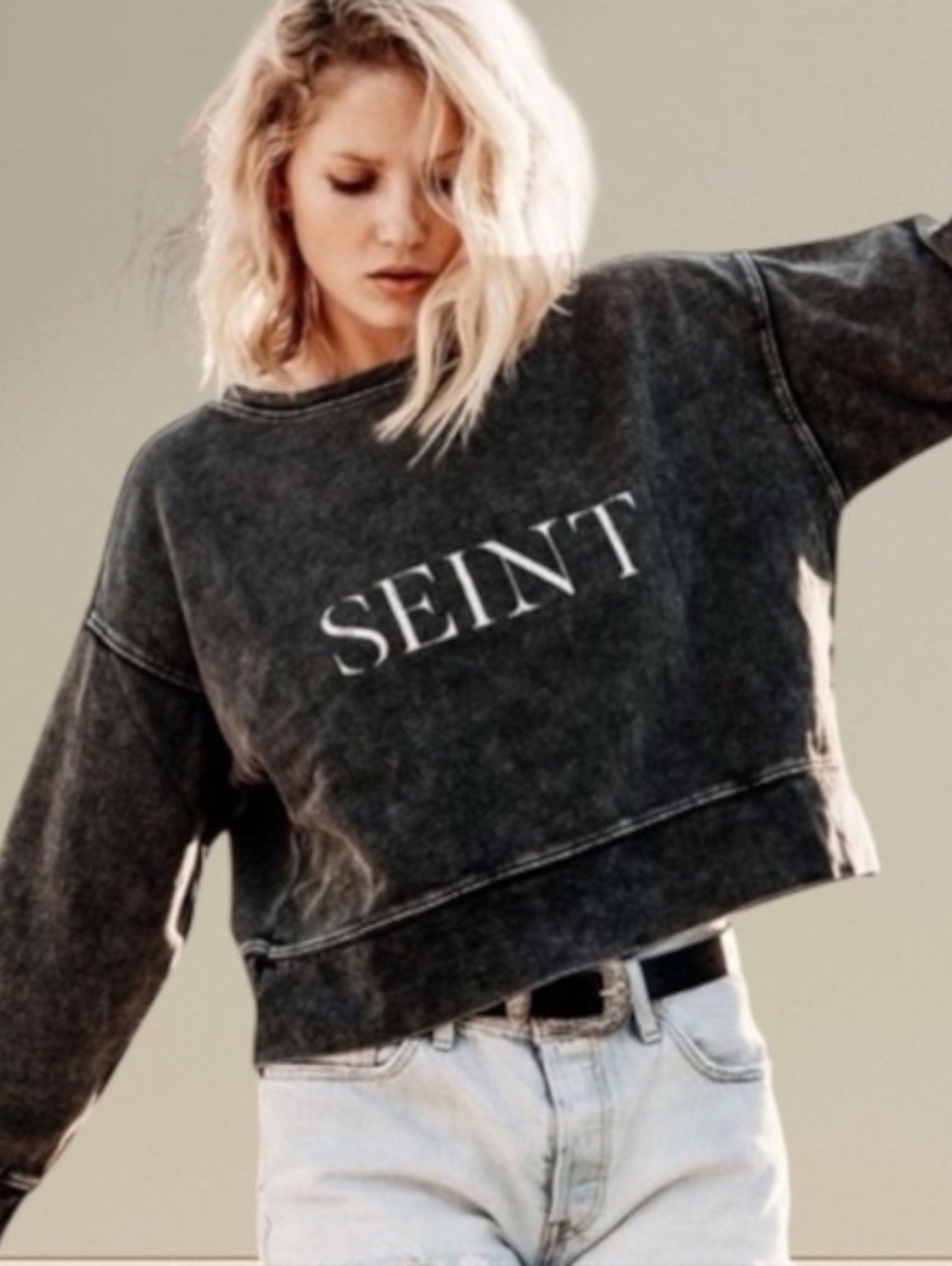 SEINT Beauty Acid Wash Black Cropped Sweatshirt 2XL